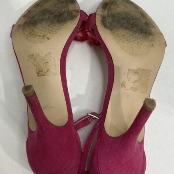 Pink Suede Open Toe Heels With Roses - Picture 5 of 6